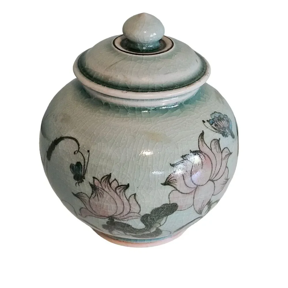 Vintage Baan Celadon Pottery Crackle Glaze Jar with Lotus Flowers from Thailand
